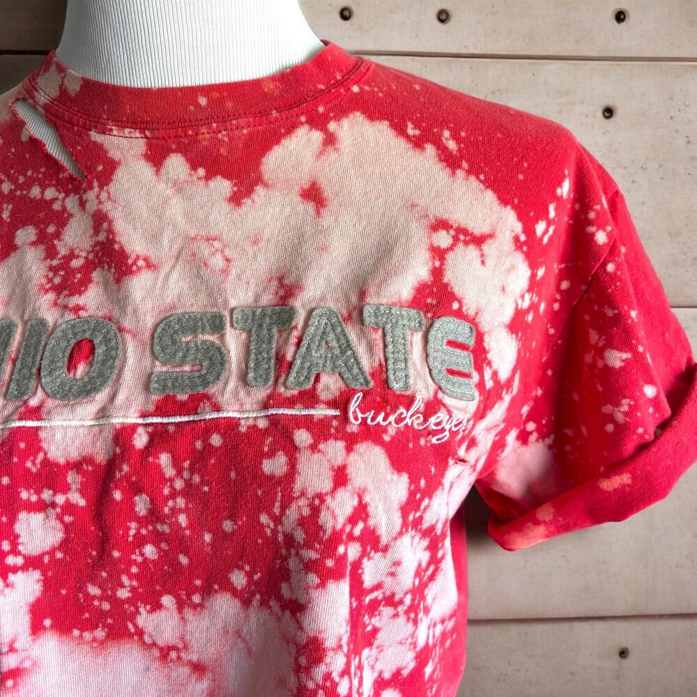 Distressed Ohio State Buckeyes Bleach-Wash Crop Top